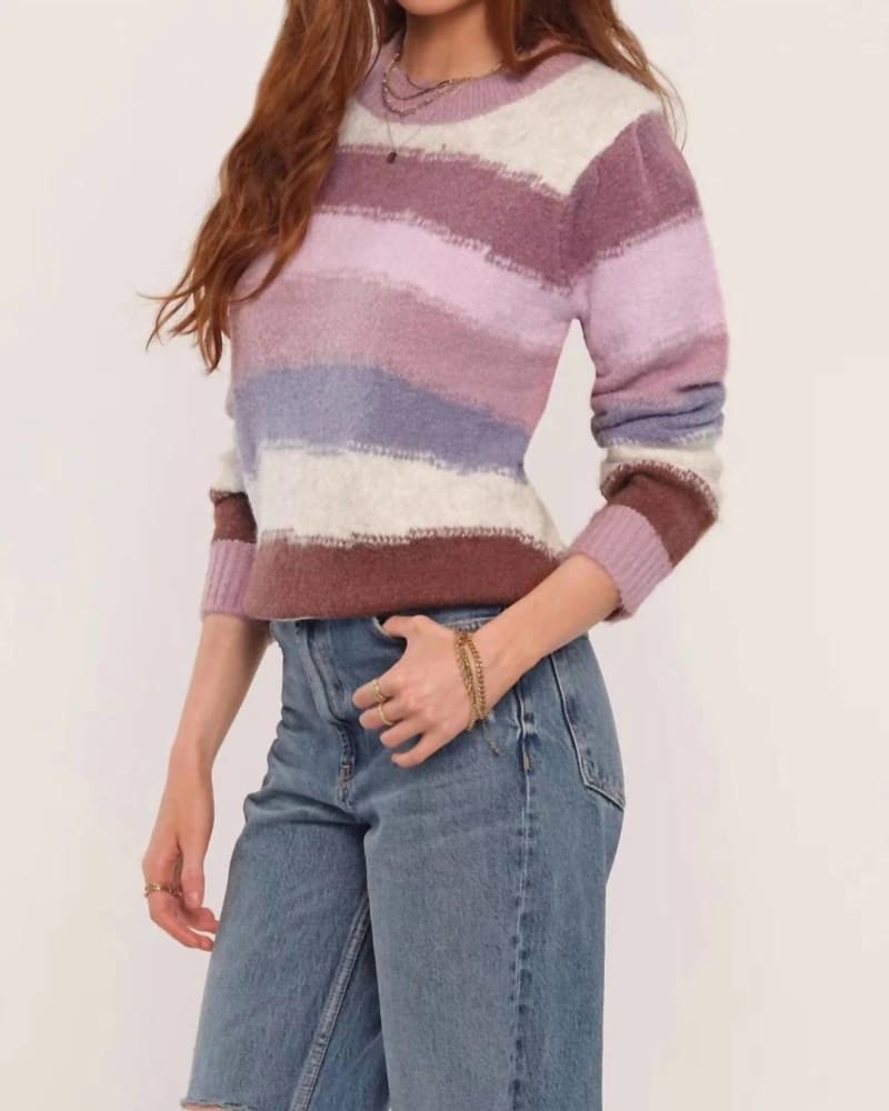 Front of a model wearing a size L Mani Sweater in Lilac in Lilac by heartloom. | dia_product_style_image_id:334225